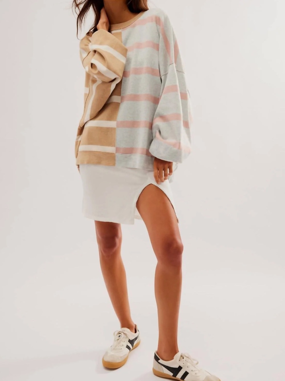 Free People Striped Crewneck Sweater in Cream, Pink & Tan